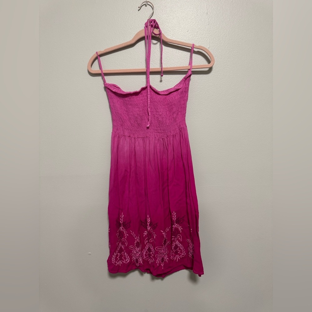 Yak and Yeti Pink Halter Sundress Smocked Boho Embroided Hem